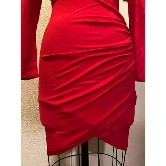 Sarin Mathews Deep V Neck Ruched Bodycon Long Sleeve Mini Dress Red NWT Size XL - Picture 4 of 9